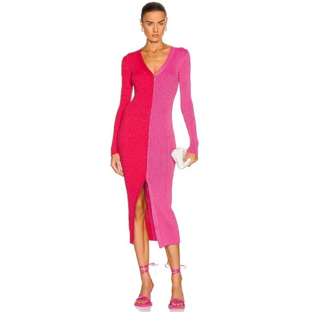 STAUD Shoko Colorblock Bodycon Sweater Dress in Lava & Peony